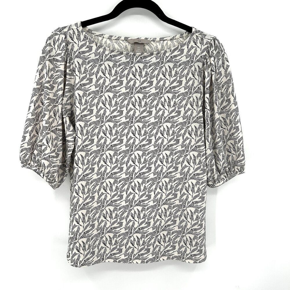 H&M Black White Floral Print Boat Neck Puff Sleeve Boxy Blouse Top Size Small
